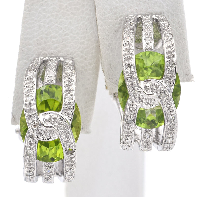 Estate 14K White Gold Peridot & 0.54 TCW Diamond Ring & Omega-Back Earrings Set