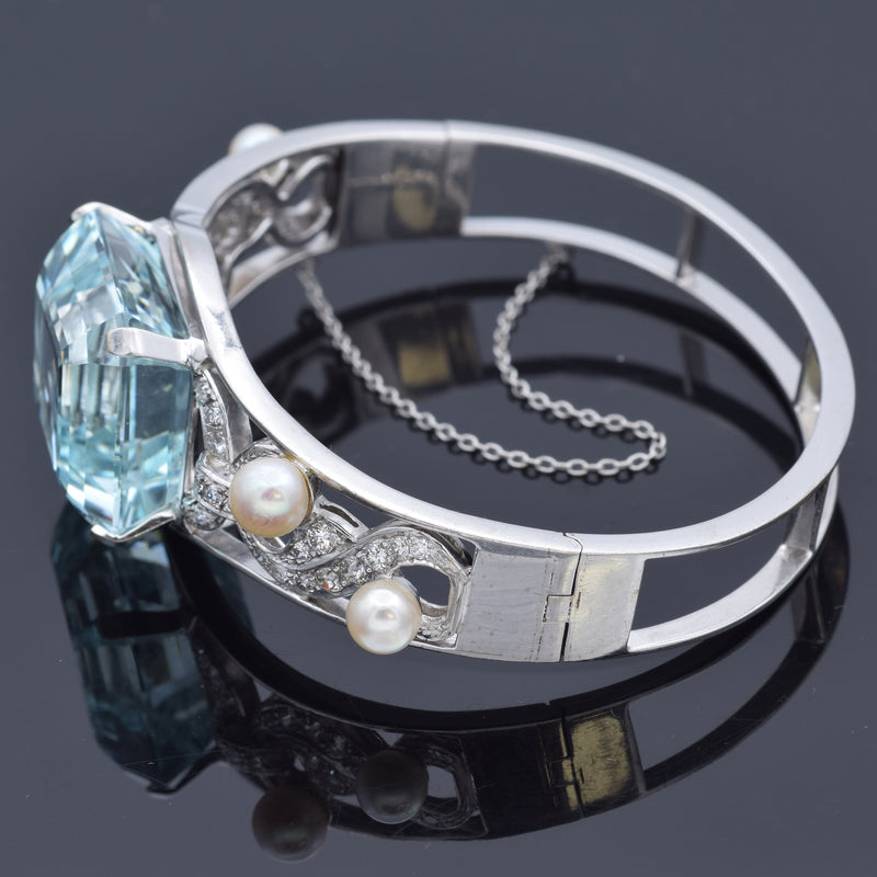 Vintage 14K White Gold 43.70 Ct Aquamarine, Pearl & 1.02 TCW Diamond Bracelet