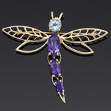 Estate MB Signed 14K Yellow Gold Amethyst & Blue Topaz Dragonfly Brooch Pin