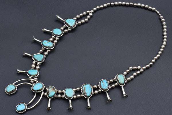 Vintage Turquoise Nickel Squash Blossom Necklace