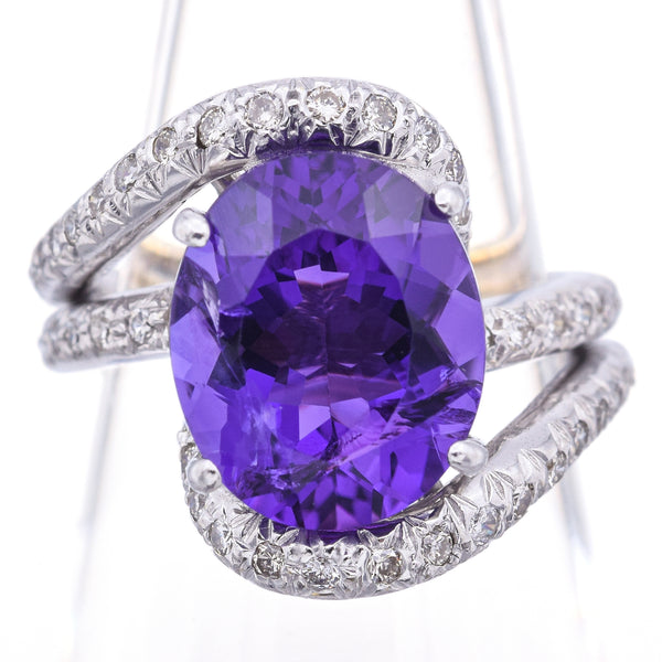 Vintage 18K White Gold Oval 4.01 Ct Amethyst & Diamond Cocktail Ring Size 5