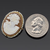 Antique 10K Yellow Gold Cameo Shell & Pearl Oval Brooch Pin Pendant