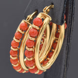 Vintage 18K Yellow Gold Red Coral Oval Hoop Dangle Earrings 25 x 22 mm