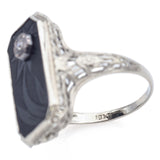 Antique 18K White Gold Black Onyx & Diamond Floral Rectangle Ring Size 6