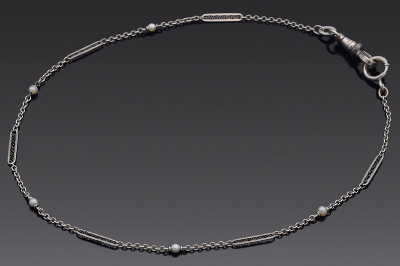 Antique H&H 10K White Gold Pearl Pocket Watch Chain 13.5 Inches