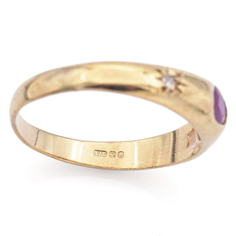 Vintage 9K Yellow Gold Ruby & Diamond Band Ring Size 6