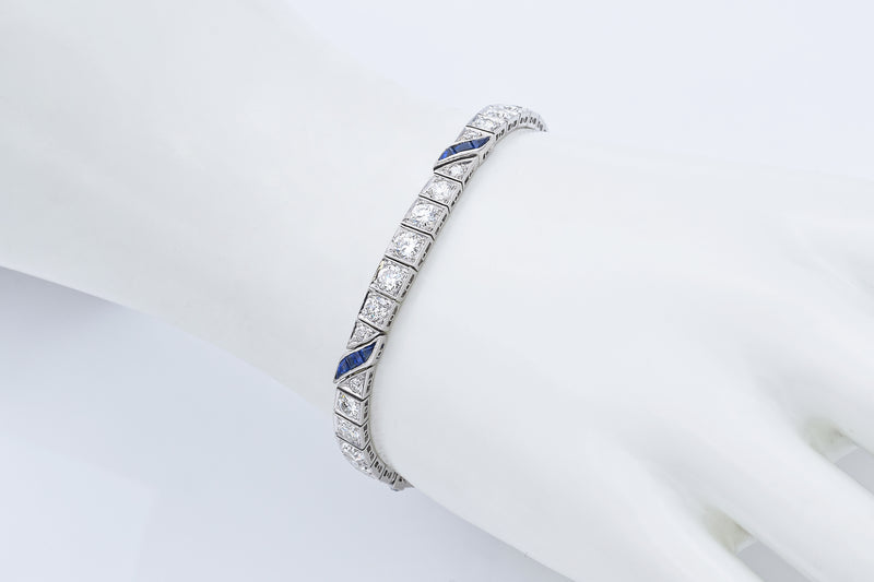 Antique Platinum Sapphire & 5.30 TCW Old Euro Diamond Tennis Bracelet