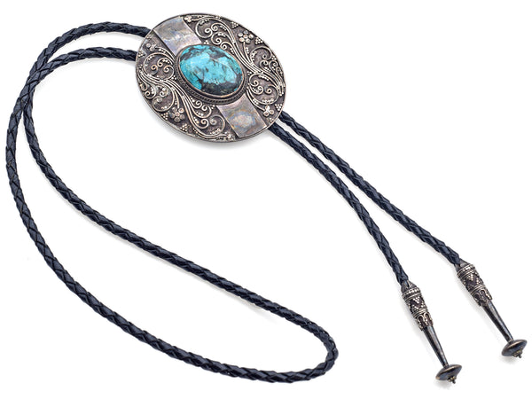 Vintage Sterling Silver Oval Turquoise Bolo Tie