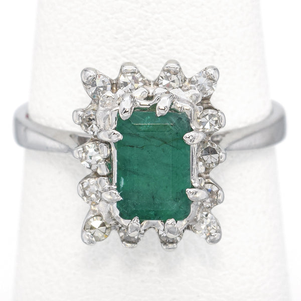 Estate 14K White Gold Emerald & 0.21 TCW Diamond Ring Size 5.5