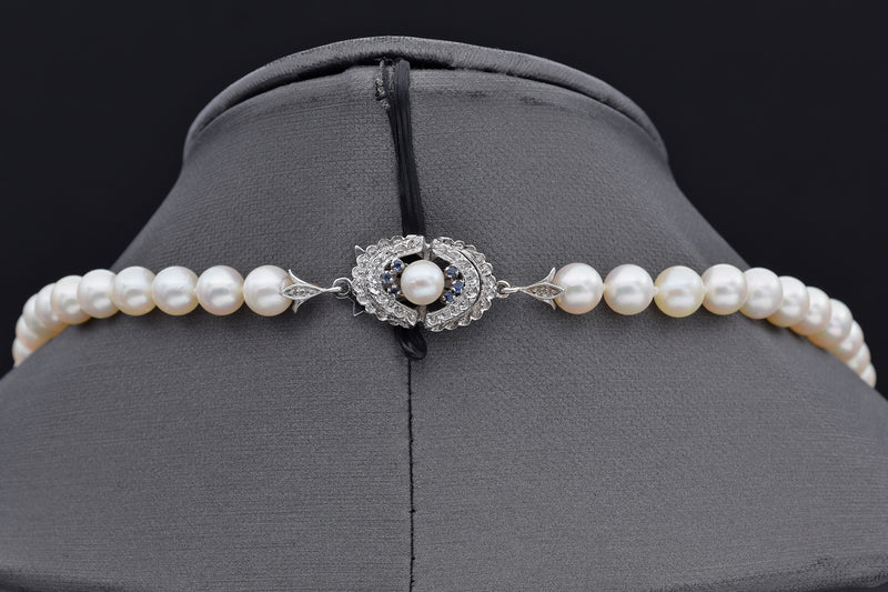 Vintage 18K White Gold 6-7.5 mm Pearl & Sapphire Beaded Strand Necklace 29"