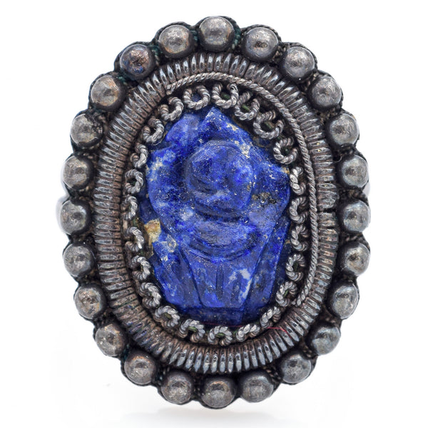 Vintage Chinese Silver Carved Lapis Cocktail Ring Size 6.25