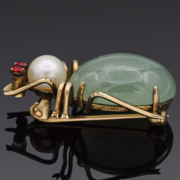 Vintage 14K Yellow Gold Green Jade, Garnet & Pearl Insect Beetle Bug Brooch Pin