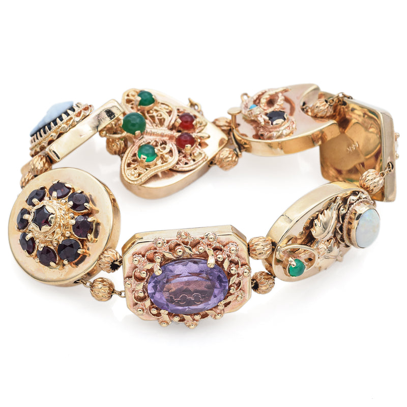 Vintage 14K Yellow Gold Multi Gemstone Slide Charm Bracelet with Box R Blue Ribbon Rarities