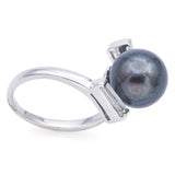 Vintage 14K White Gold Black Pearl & Diamond Bypass Band Ring Size 5.5