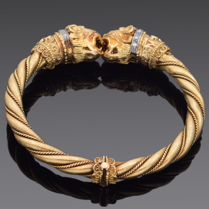 Vintage 18K Yellow Gold 0.51 TCW Diamond & Sapphire Lion Bangle Bracelet