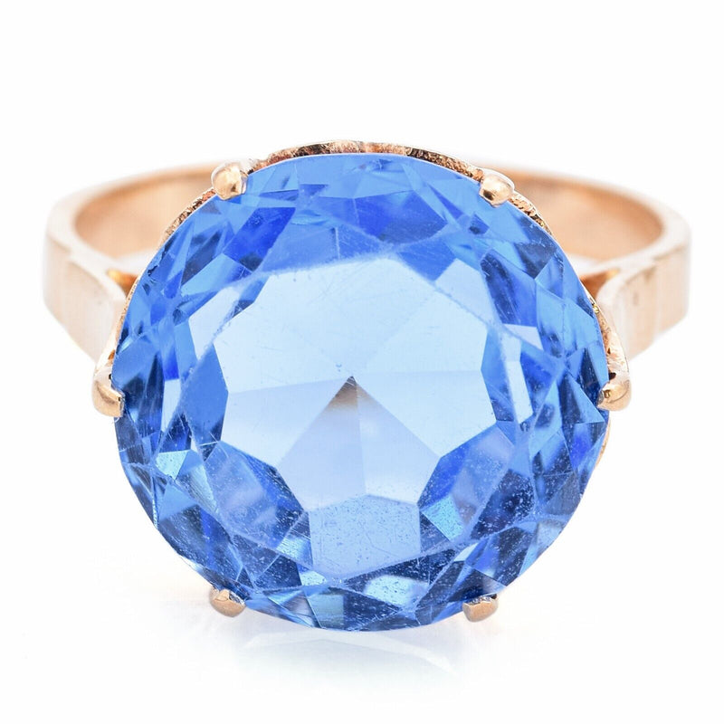 Vintage 14K Yellow Gold 13.13 Ct Lab Blue Spinel Round Cocktail Ring Size 8.5