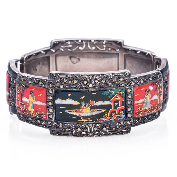 Antique Japanese Silver Marcasite Enamel Story-Teller Panel Bracelet