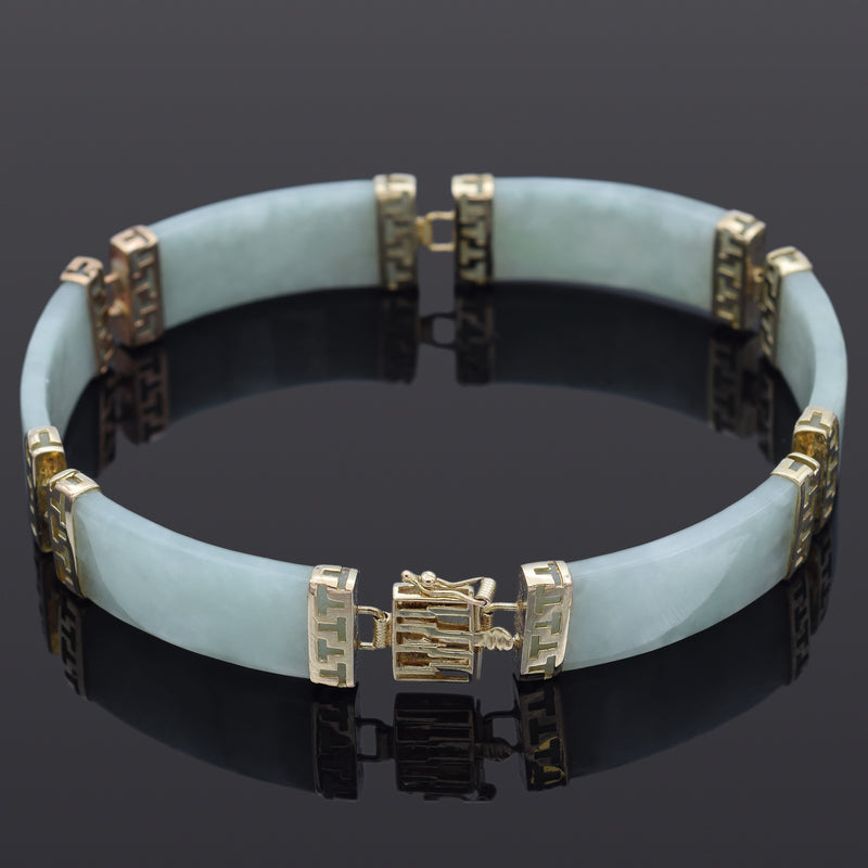 Vintage 14K Yellow Gold Green Jade 10.5 mm Link Bracelet 7 Inches