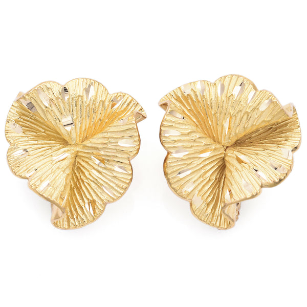 Vintage 18K Yellow Gold Etched Leaf Clip-On Earrings