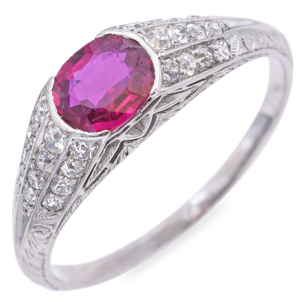 Antique Platinum 0.44 Ct Ruby & 0.14 TCW Old Cut Diamond Band Ring Size 4.5