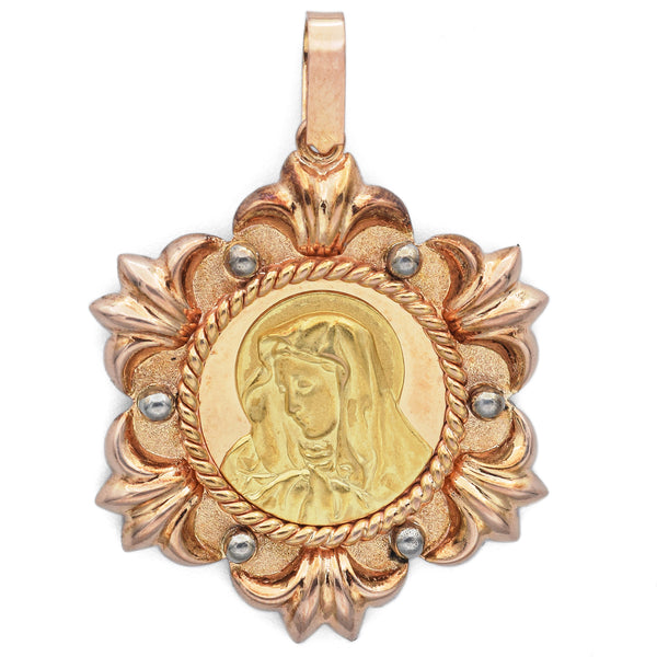 Vintage 18K Yellow Gold Madonna Virgin Mary Round Pendant