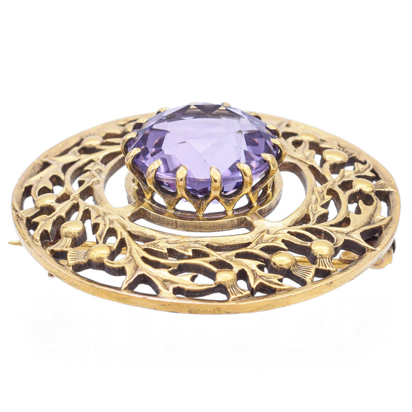 Vintage Jona Signed 9K Yellow Gold 7.67 Ct Amethyst Round Brooch Pin