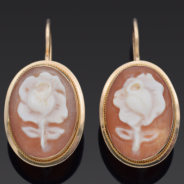 Antique 14K Yellow Gold Cameo Shell Floral Oval Leverback Dangle Earrings