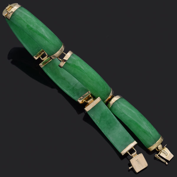 Vintage 14K Yellow Gold Green Jade 8.5 mm Link Bracelet 7 Inches