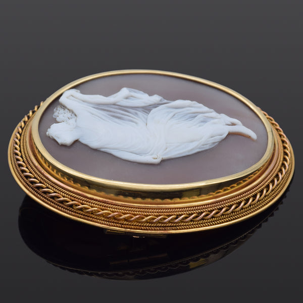Antique 14K Yellow Gold Cameo Shell Dancing Muse Oval Brooch Pin Pendant