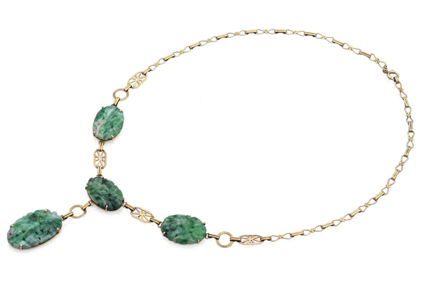 Vintage 14K Yellow Gold Oval Green Jade Floral Carved Necklace