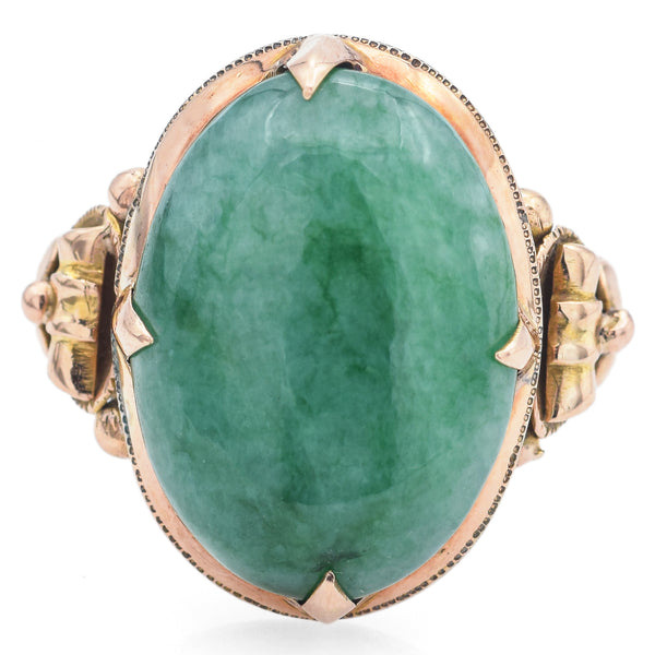 Vintage 18K Yellow Gold 8.53 Ct Green Jade Cocktail Ring Size 8.5