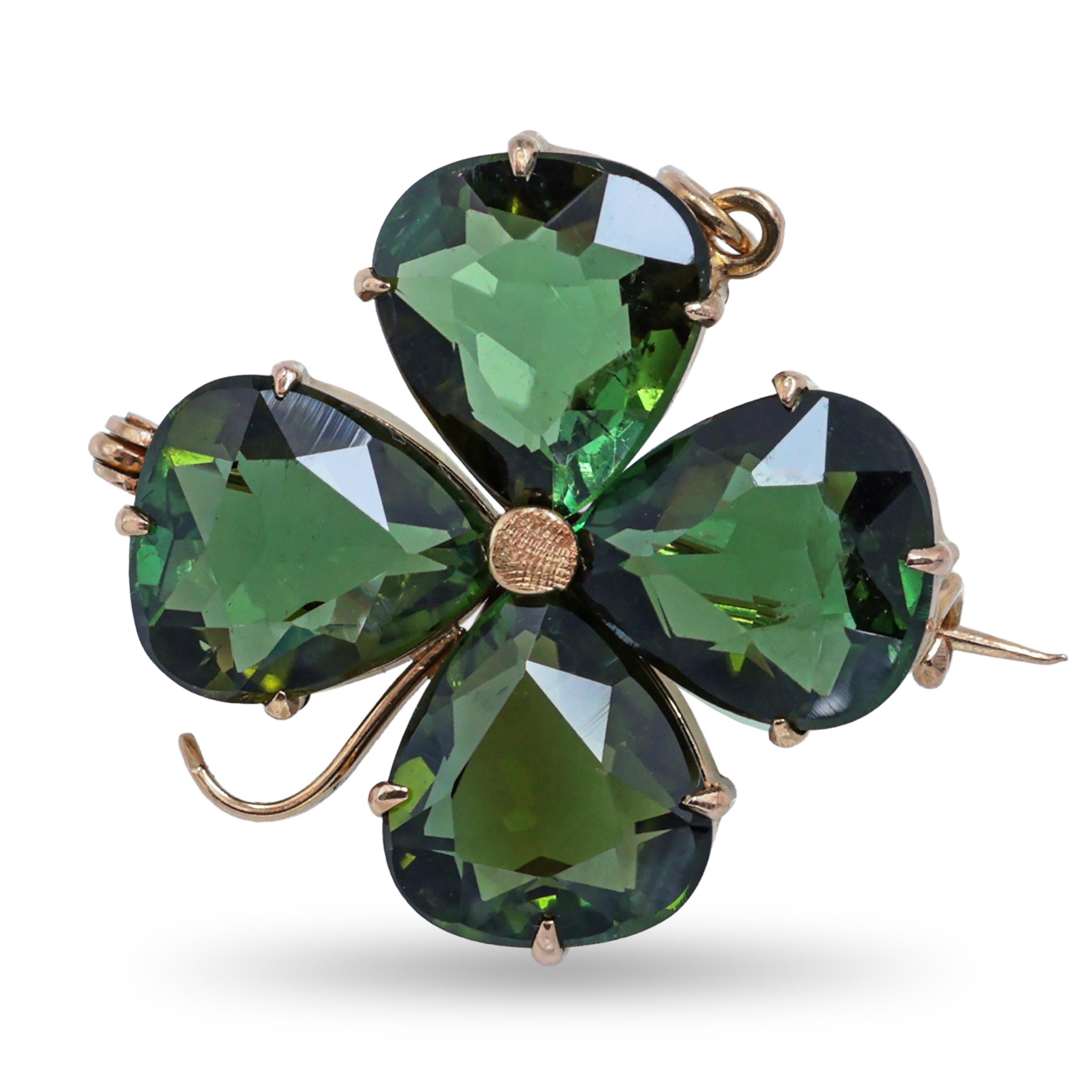 Vintage Yellow Gold 6.12tcw Green Tourmaline Four Leaf Clover Brooch Pendant