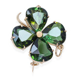 Vintage 14k Yellow Gold 6.12tcw Green Tourmaline Four Leaf Clover Brooch Pendant
