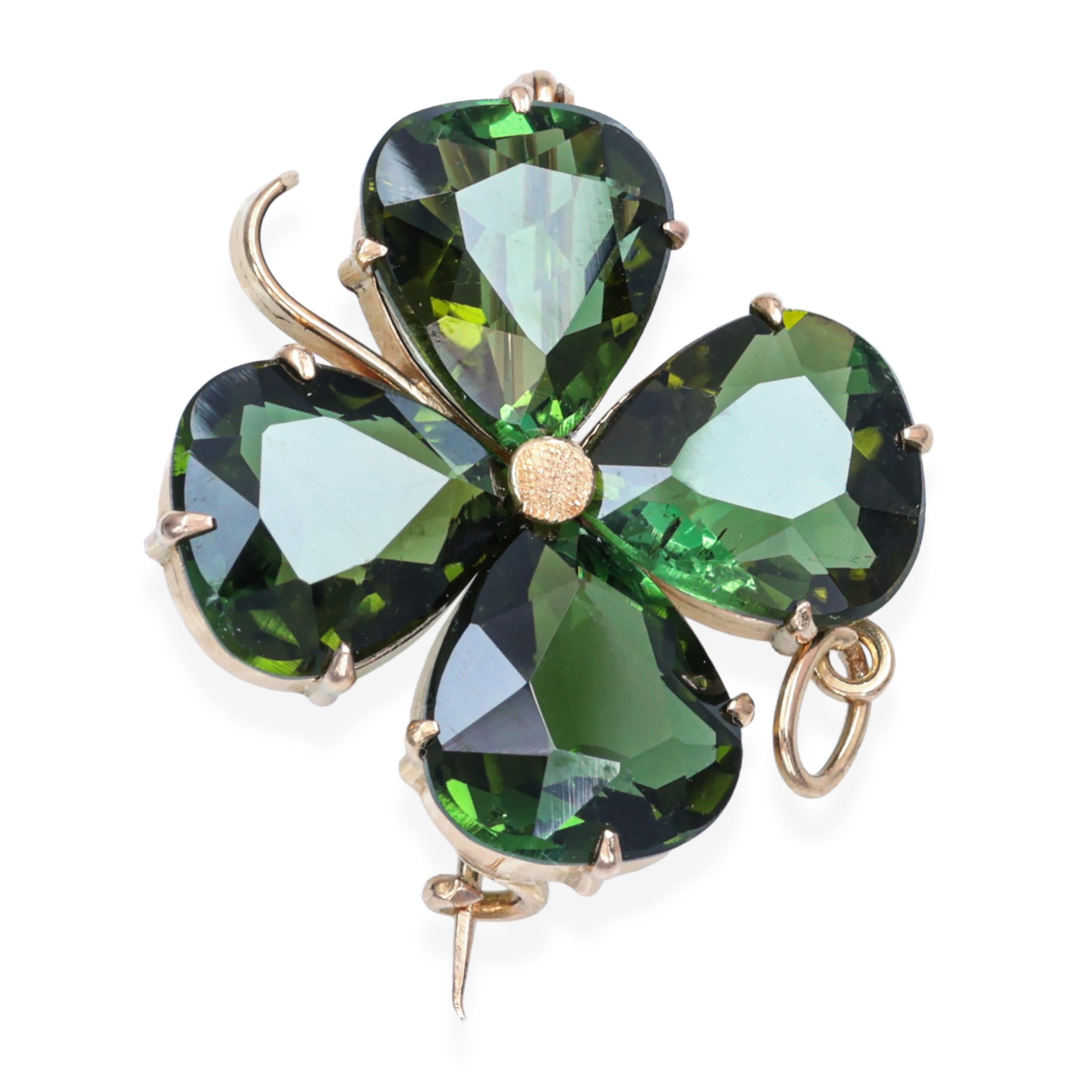 Vintage Yellow Gold 6.12tcw Green Tourmaline Four Leaf Clover Brooch Pendant