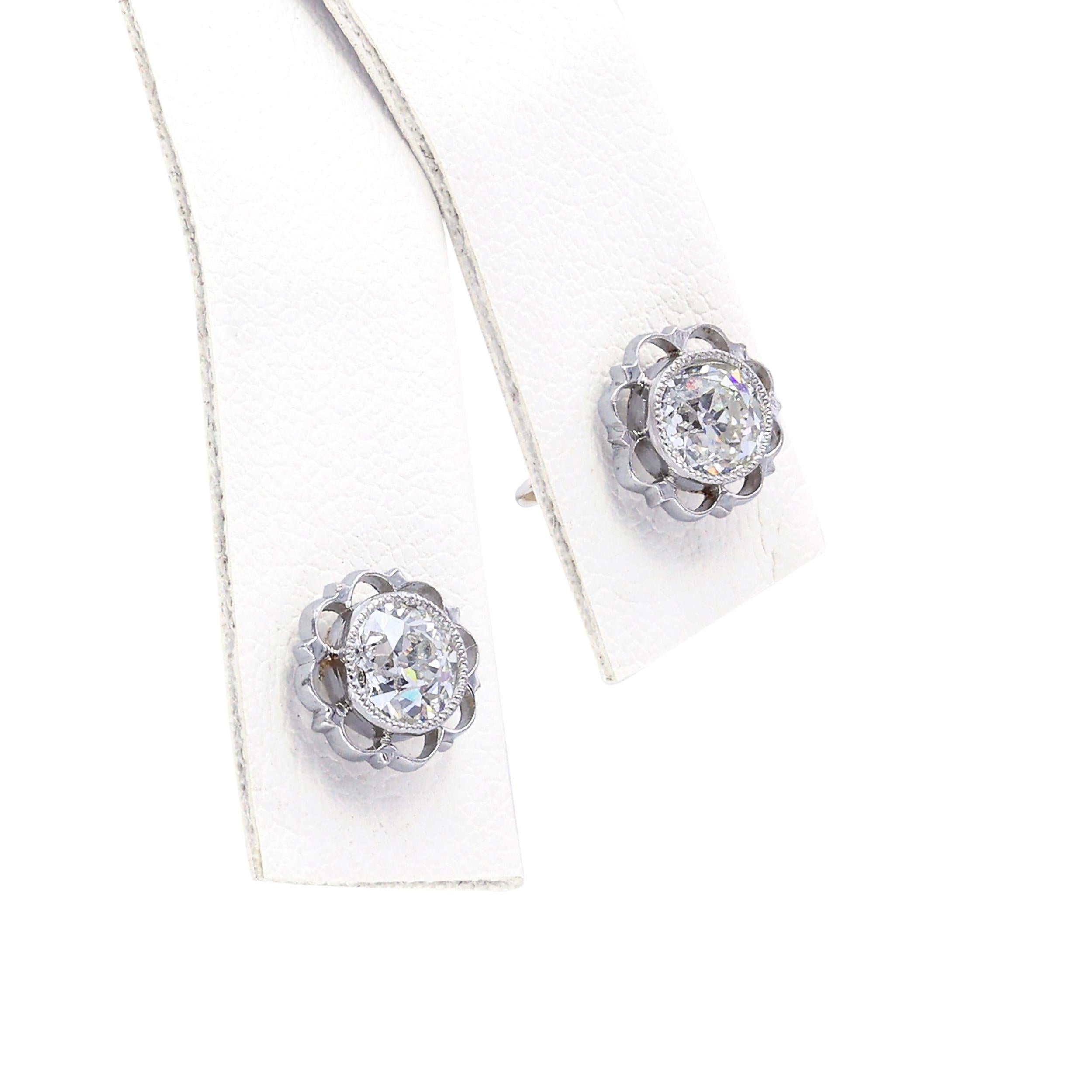 Art Deco 18k Yellow Gold & Platinum 0.73tcw Old Euro Diamond Stud Earrings
