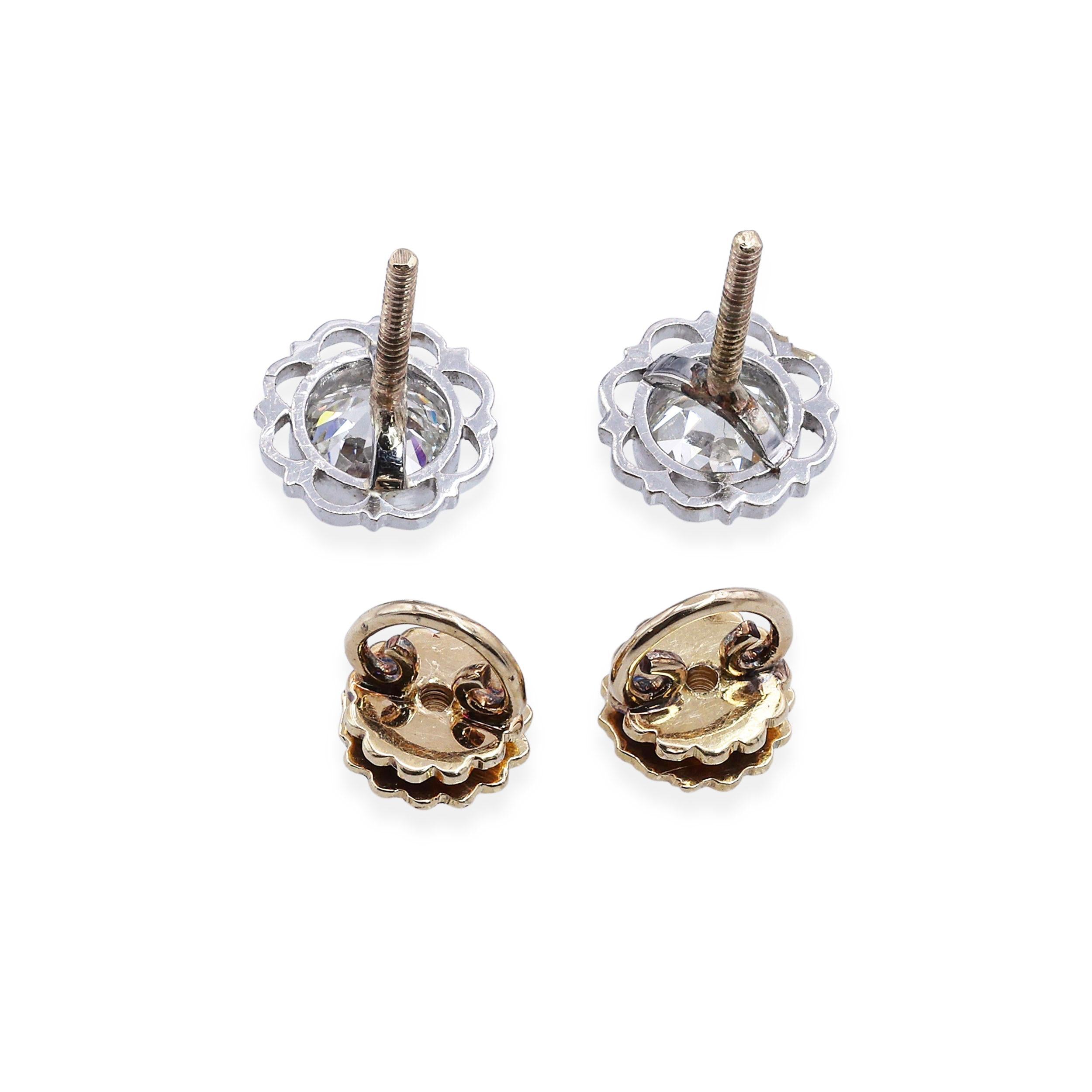 Art Deco 18k Yellow Gold & Platinum 0.73tcw Old Euro Diamond Stud Earrings
