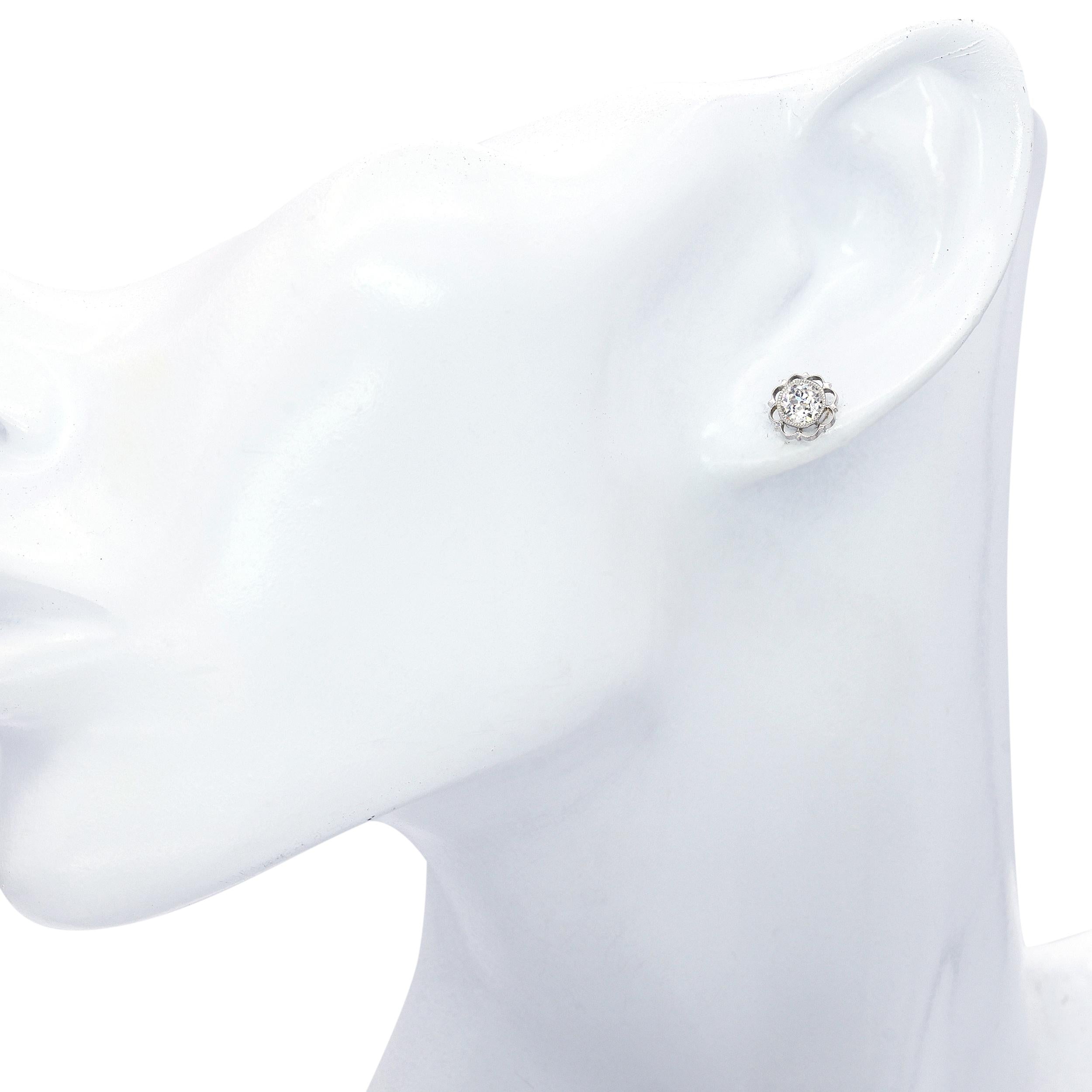 Art Deco 18k Yellow Gold & Platinum 0.73tcw Old Euro Diamond Stud Earrings