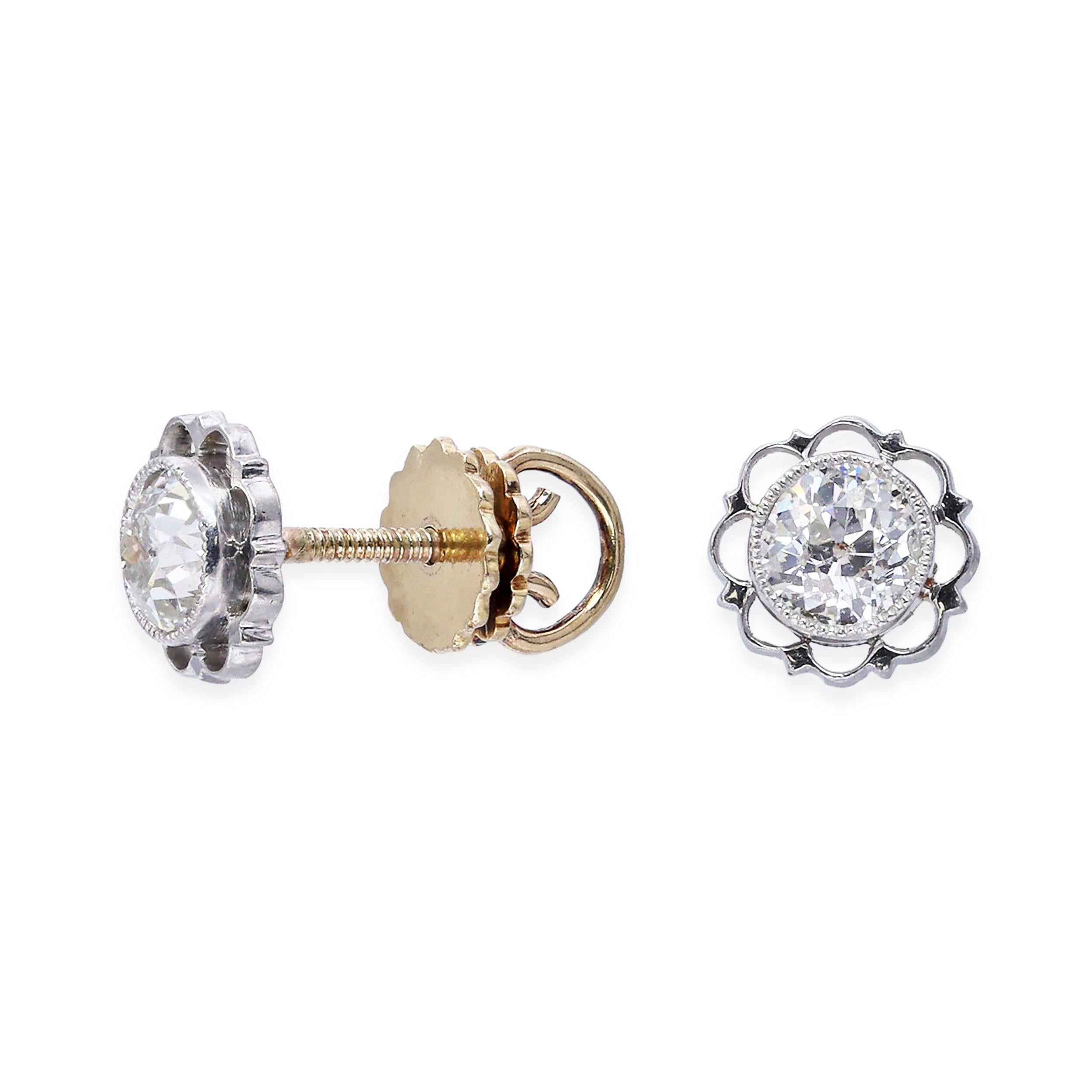 Art Deco 18k Yellow Gold & Platinum 0.73tcw Old Euro Diamond Stud Earrings