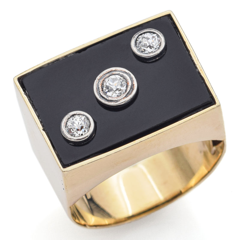 Antique 14K Yellow Gold Black Onyx & Old Euro Diamond Rectangle Signet Ring