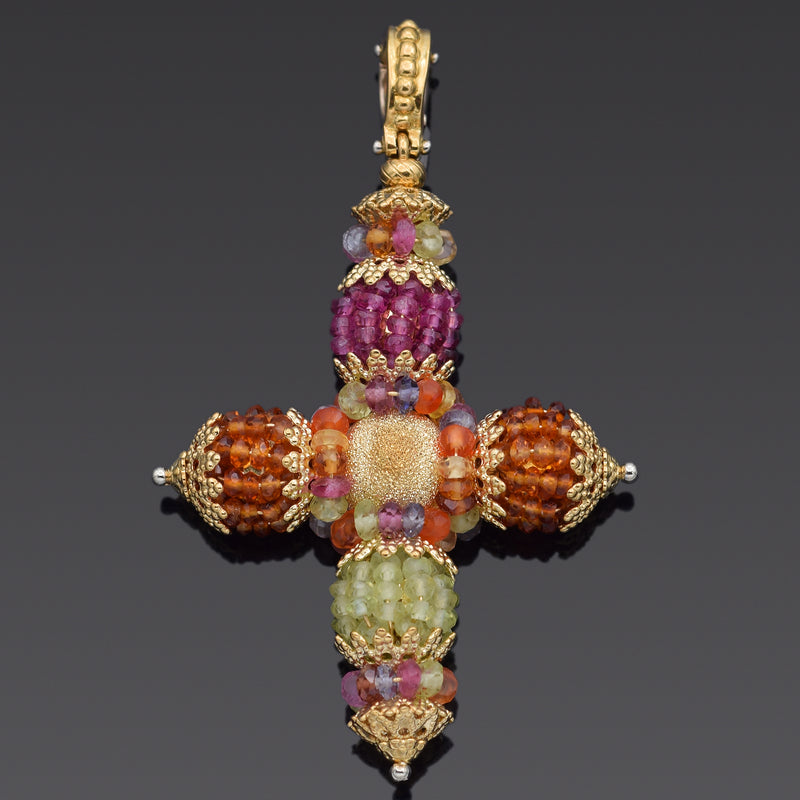 Vintage Italy 18K Yellow Gold Multi-Stone Cross Enhancer Pendant + Box