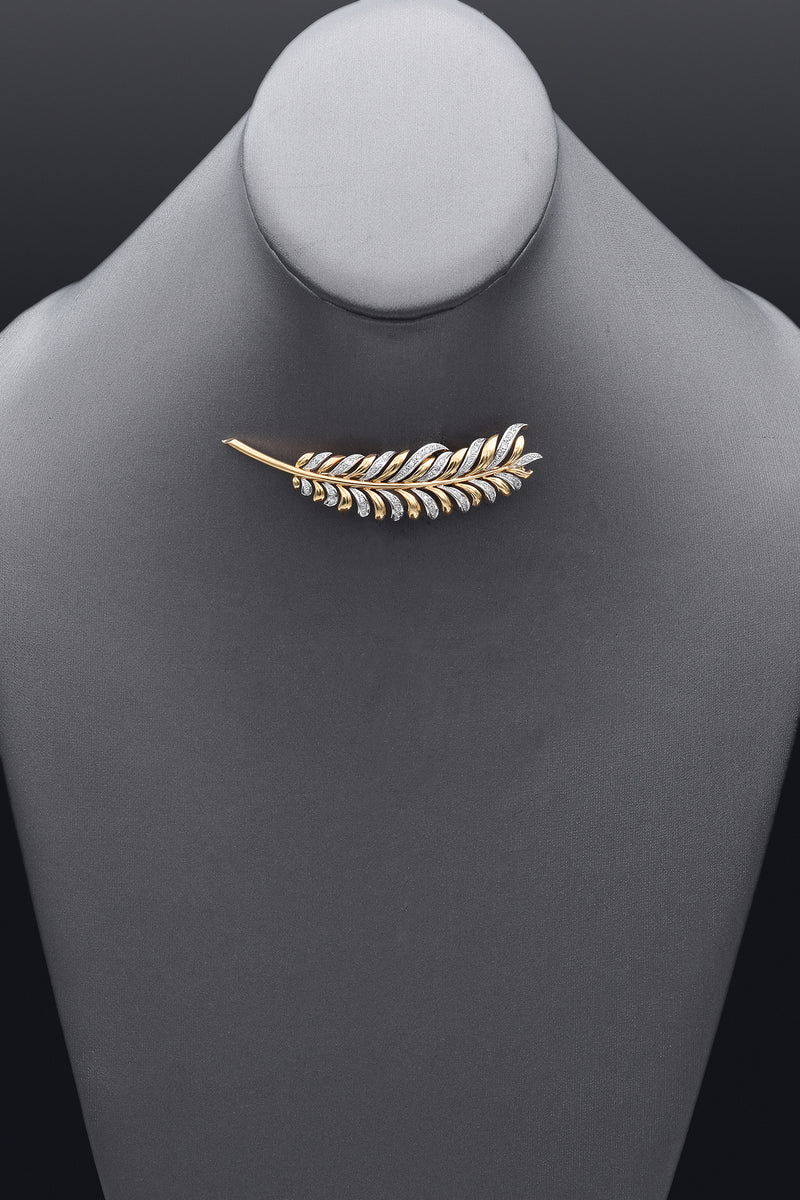Vintage J Roca 18K Yellow Gold 0.68TCW Diamond Feather Brooch Pin & Earrings Set