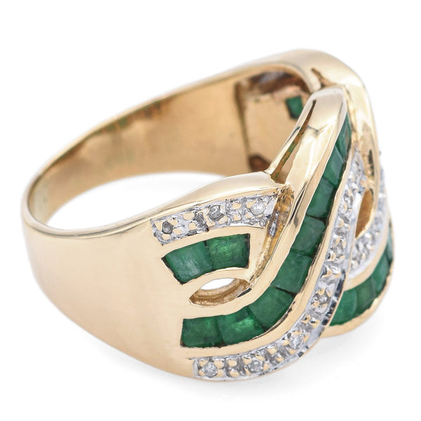 Vintage 14K Yellow Gold Emerald & Diamond Band Ring Size 5.75