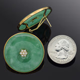 Vintage 14K Yellow Gold Green Jade & Diamond Large Round Omega-Back Earrings