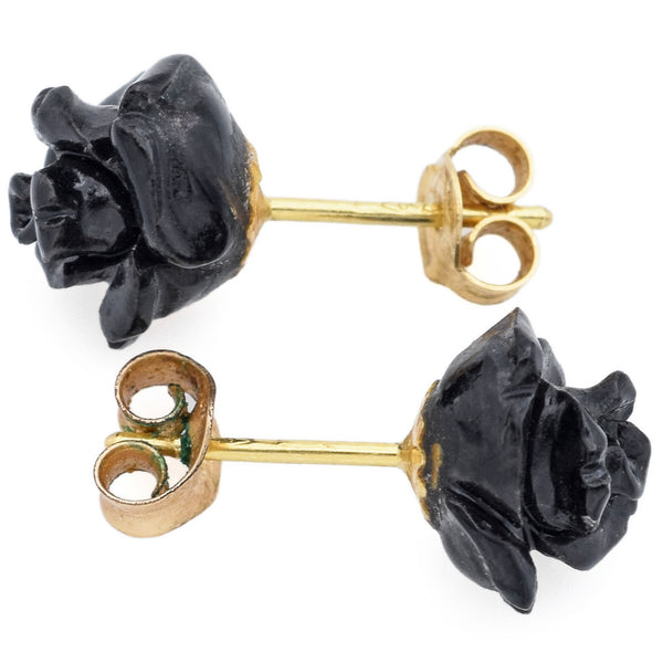 Vintage Onyx 18K Yellow Gold Rose Flower Stud Earrings