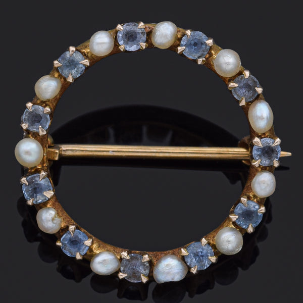 Antique 10K Yellow Gold Sapphire & Pearl Open Circle Brooch Pin