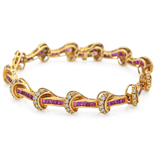 Estate 18K Yellow Gold Ruby & 2.08 TCW Diamond Tennis Bracelet + Box