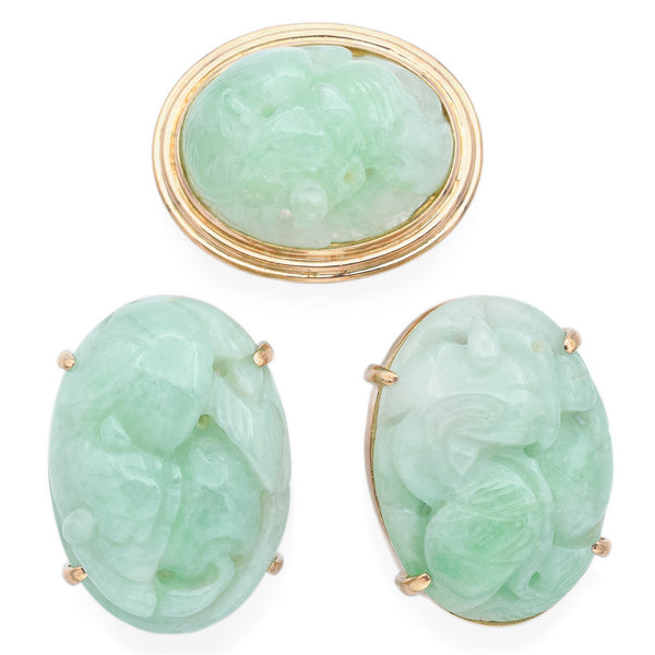 GUMP'S 14K Yellow Gold Carved Green Jade Omega-Back Earrings & Brooch Pin Set