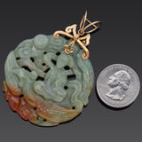Vintage 14K Yellow Gold Green Red Jade Carved Phoenix Deity Large Round Pendant