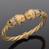 Vintage 18K Yellow Gold 0.51 TCW Diamond & Sapphire Lion Bangle Bracelet