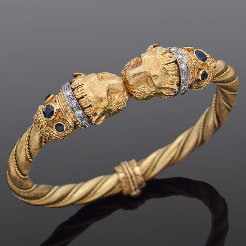 Vintage 18K Yellow Gold 0.51 TCW Diamond & Sapphire Lion Bangle Bracelet